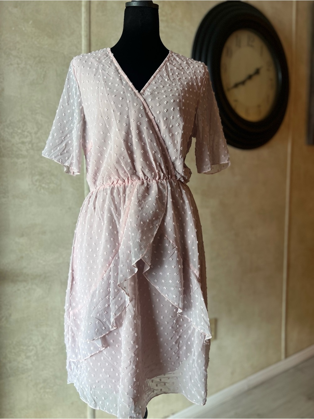 Light Pink Swiss Dot Wrap Midi Dress with Ruffle Front